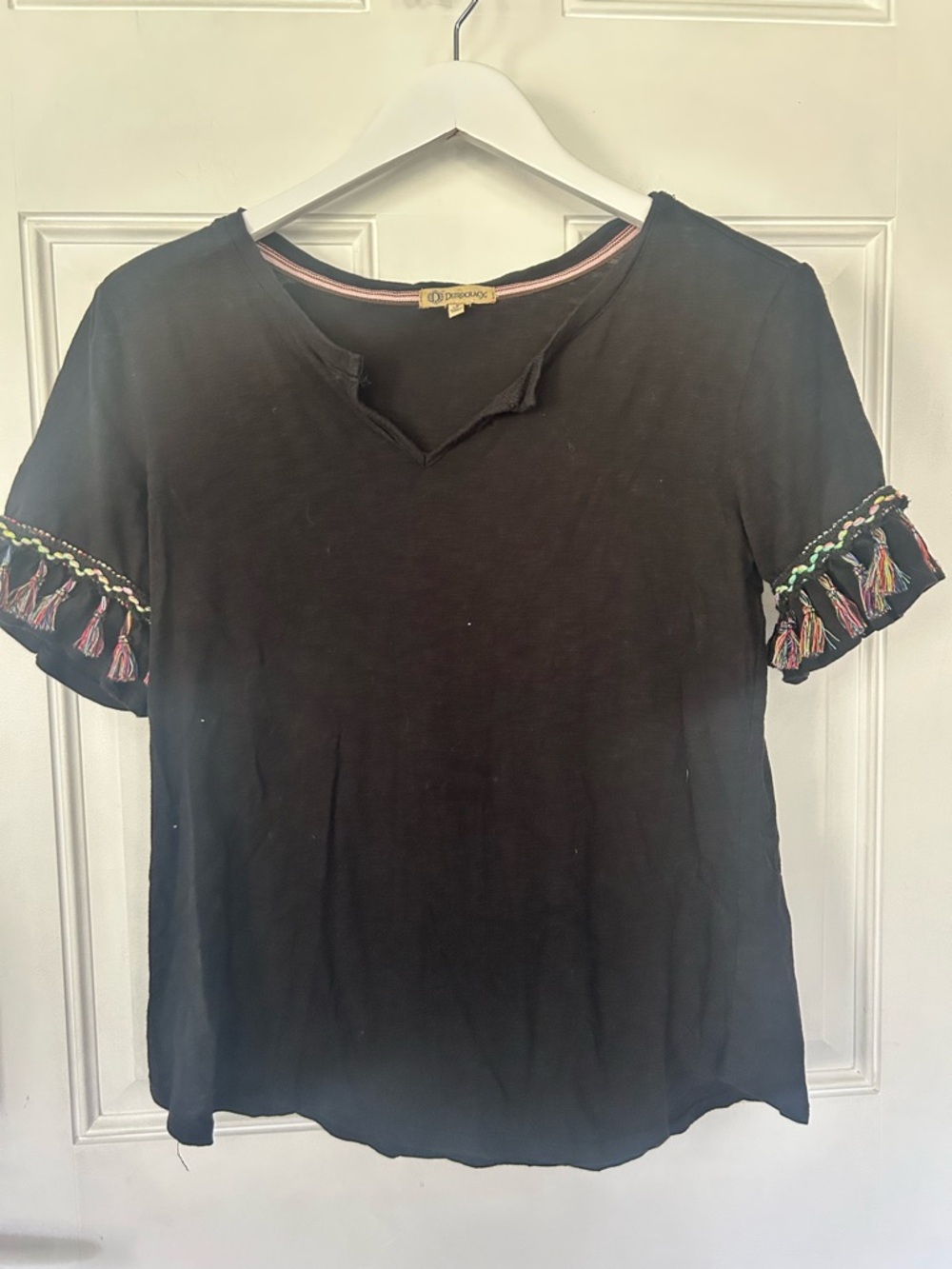 Democracy Black Short Sleeve Tee with Colorful Tassel Trim